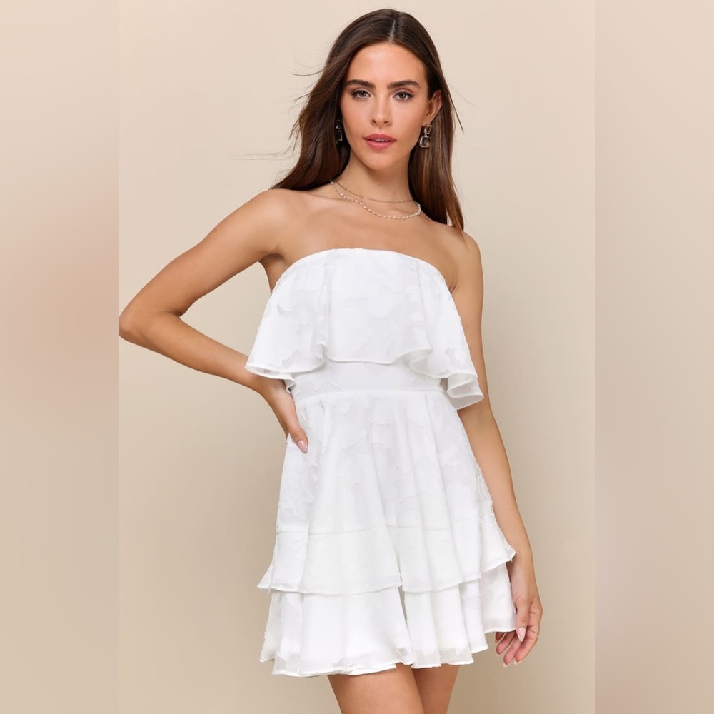 Lulus True Lover White Burnout Floral Ruffled Strapless Mini Dress